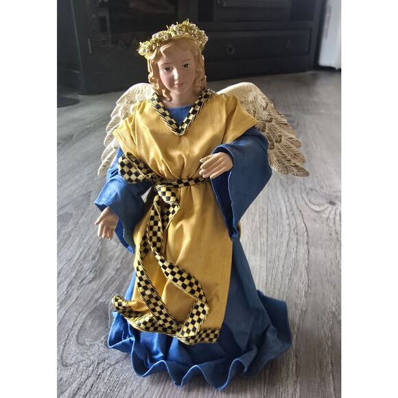 VTG 90s Paper Mache Clothtique Angel Christmas Tree Topper /Decor Blue Yellow - Picture 1 of 6